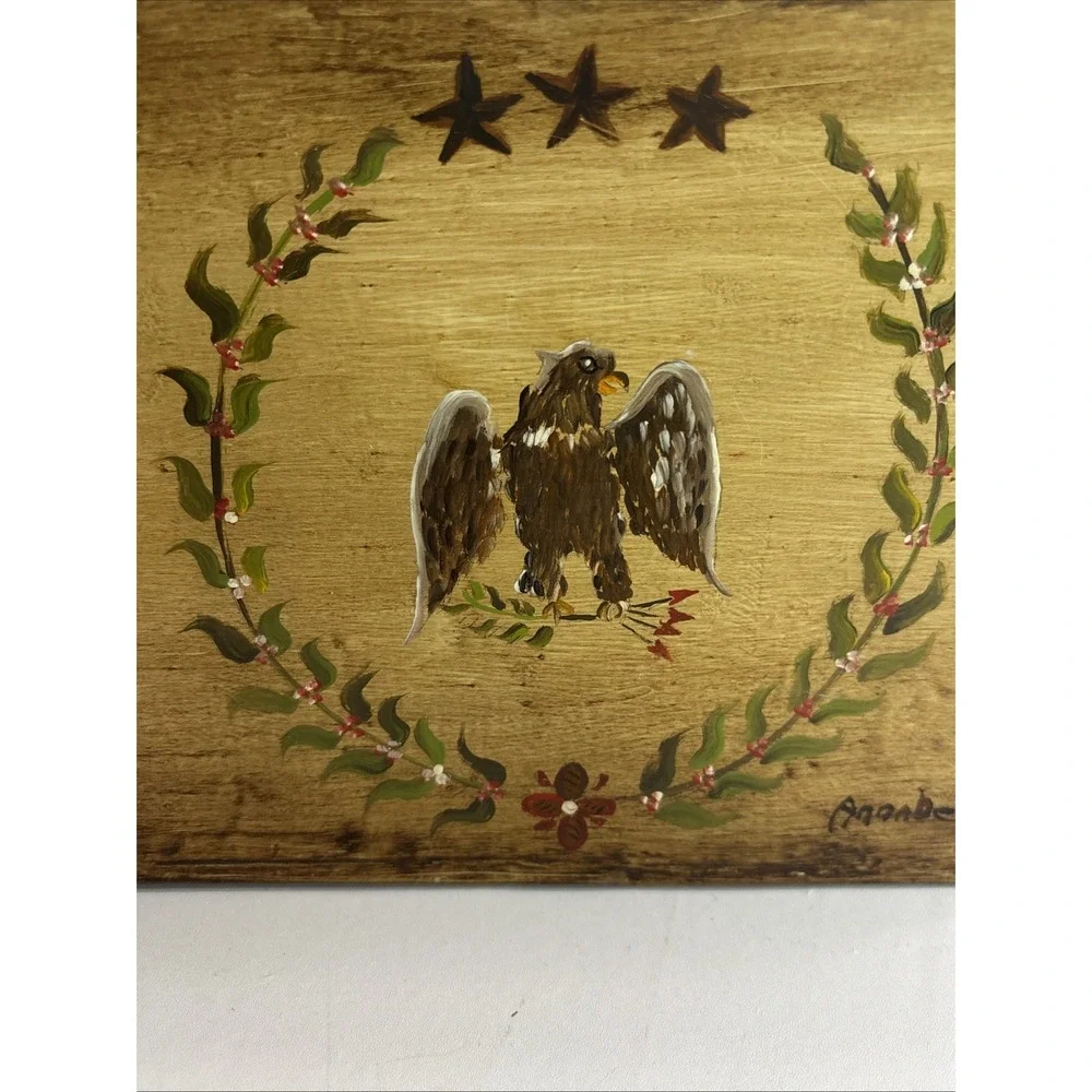 Vtg American Painted Tin‎ Toleware Hinged Box American Eagle Folk 7.25